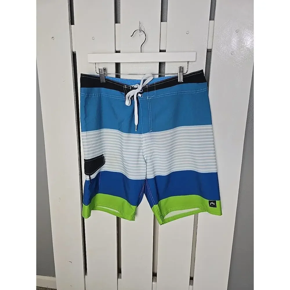 Rusty Board Shorts Striped Blue Green Hook & Loop Mens Size 33 Surfer Beach
